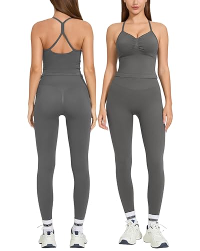 MOOSLOVER Women 2 Piece Workout Sets Ruched Cross Back Sports Bra Tank Seamless High Waisted Gym Leggings (L