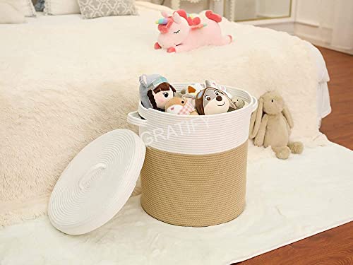 Image of Mansa Traders 12 inch x 12 inch x 14 inch Large Storage Basket with Lid, Cotton Rope Storage Baskets, Laundry Hamper, Blankets Pillows Storage in Living Room Baby Nursery, White&Beige Stiches with Cover