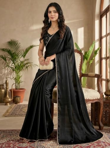 Image of FABIAN FASHION Women's Plain Japan Satin Silk Saree with Pearl Lace Border, Includes Unstitched Matching Blouse Piece - Elegant Saree(AVN 1694)