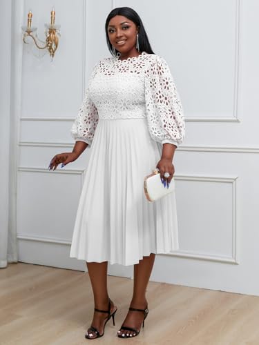 AOMEI Women's Elegant Lace Patchwork A-line Midi Pleated Hollow Out Lantern Sleeve Dress3