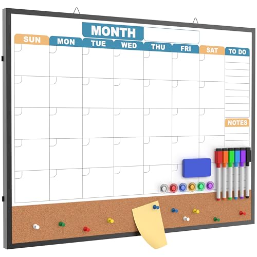HLF-ho Monthly Calendar Dry Erase Board 24x18 Inch, Double-Sided Whiteboard and Corkboard Combo with Black Aluminum Frame (Color Calendar), Wall Mounted Planner with Marker, Magnet, Push Pin, Eraser