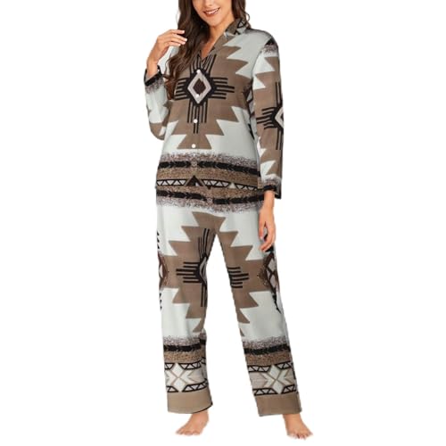 Yyoretp Pijama de manga larga con estampado de nativos americanos para mujer, pijama de 2 piezas con bolsillos, ropa de dormir cálida, Negro, M