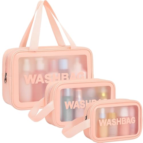 Image of Wazdorf Clear PVC Makeup Pouch Set of 3 for Women & Girls | Waterproof Cosmetic Organizer Bags | Travel Toiletry Bag, Wash Bag, Portable Makeup Storage Case, Bathroom & Travel Accessories(Pink -3 Pcs)