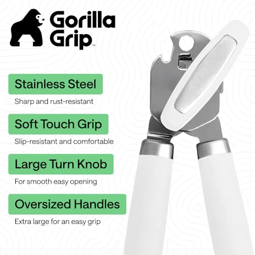 Image of GORILLA GRIP Upgraded Model Stainless Steel Manual Can Opener, White | US Designed, Oversized Handheld Turn Knob, Comfortable Handle for Easy Turning, Multifunctional Kitchen Tool, Open Bottles