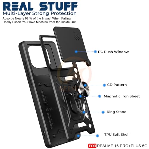 Image of Armor Bumper Back Cover Case for Realme 16 Pro Plus 5G Rotating Camera Cover, Ring Holder & Kickstand | Heavy Duty & 360 Degree Protection Realme 16 Pro Plus 5G Back Cover (Black)