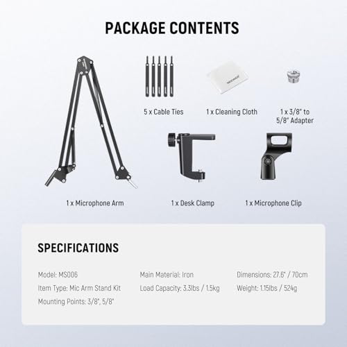 Image of NEEWER BASICS Desktop Microphone Arm Stand, Suspension Scissor Boom Mic Desk Mount Compatible with Blue Yeti Snowball HyperX QuadCast SoloCast Shure, Max Load 3.3 lbs, Cleaning Cloth, MS006