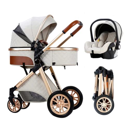 Image of Baby Stroller Travel System, Folding Infant Newborn Reversible Bassinet Pram，3 in1 Luxury High Landscape Pushchair Convertible Stroller (white1)
