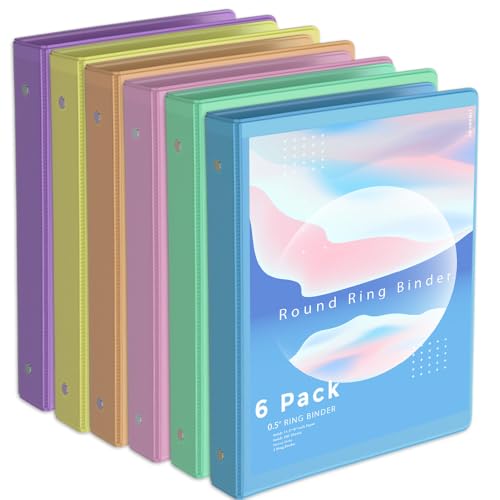 Image of 0.5 Inch 3 Ring Binder, Round Ring,with 2 Interior Pockets,Holds 150 Sheets Letter Size Paper,PVC Free, Assorted Colors 6 Pack