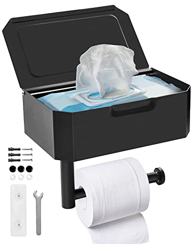 Toilettenpapierhalter mit Feuchttücherbox,Edelstahl Klopapierhalter ohne Bohren,Toilettenpapierhalter mit Feuchttuchspender,Mattschwarzer Toilettenpapierhalter,WC Papier Halterung Wandhalterung Cover