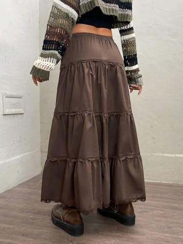 Solid Ruffle Hem Lace Trim Skirt Basic Women's Summer Casual Vinage Skirt3