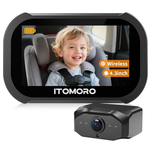 Image of Itomoro Wireless Baby Car Camera, Rechargeable Car Baby Monitor with 4.3" HD 1080P Night Vision Display, Backseat Camera for Kids Max Range 1000FT, Easy Installation 360° Rotatable Rear Facing Mirrors
