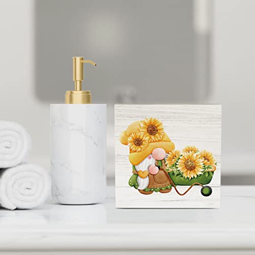 Farmhouse Sunflower Gnome Wooden Box Sign Rustic Country Sunflowers Truck Box Sign Wood Sign Decor Summer Square Wood Sign Home Desk Tabletop Shelf Decor 5 X 5 #TOP6