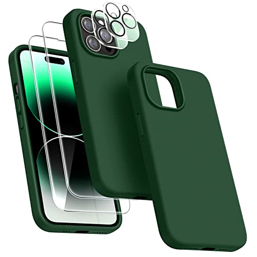 Dssairo [5 in 1 for iPhone 14 Pro Case 6.1, with 2 Pack Screen Protector + 2 Pack Camera Lens Protector, Liquid Silicone Ultra Slim Shockproof Protective Phone Case [Microfiber Lining] (Alpine Green)â¦