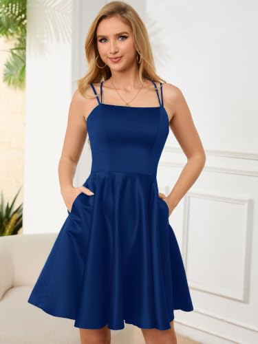 Image of Homecoming Dresses for Teens Knee Length Spaghetti Strap with Pockets Satin Backless Prom Dress