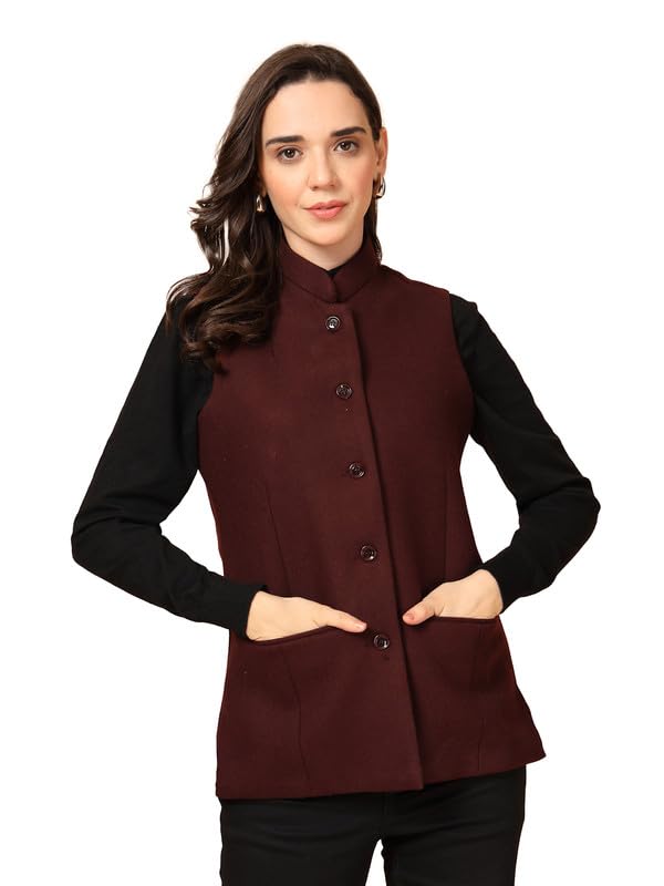 Solid Indian Traditional Ethnic Waistcoat Festive Woolen Nehru Jacket for Women