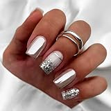 VOTACOS Press on Nails Short Square Fake Nails Shiny False Nails with Chrome Design Glossy Stick on