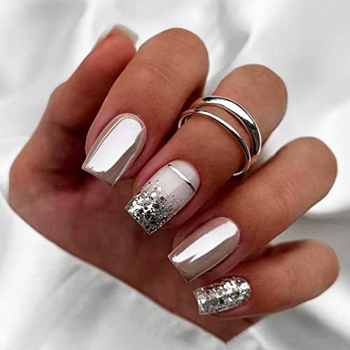Votacos Press On Nails Short Square Fake Nails Shiny False Nails With Chrome Design Glossy Stick On Nails For Women 560 #TOP14
