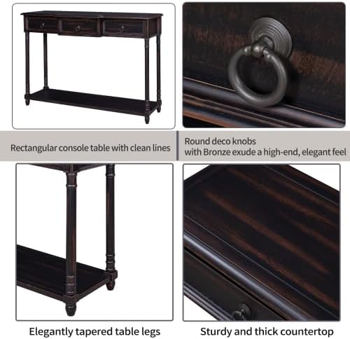 Miniatura 5 de Merax Mesa consola estrecha, mesa de entrada de 51 pulgadas de largo con 3 cajones de almacenamiento y estante inferior, mesa de sofá rústica