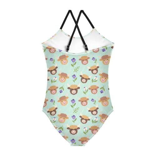 senya Girls Swimsuits One-Piece Swimwear Tie Bathing Suit Beach Summer Round Neck 5-6T Cartoon Highland Cattle Flowers Pattern2