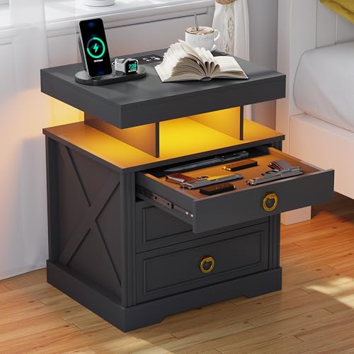 Image of HENBC Nightstand with Gun Drawer, LED Night Stand with Charging Station, Smart End Table with Bedside Table for Bedroom /Study Room,3 Colors Human Sensor Lights Furniture (Black)