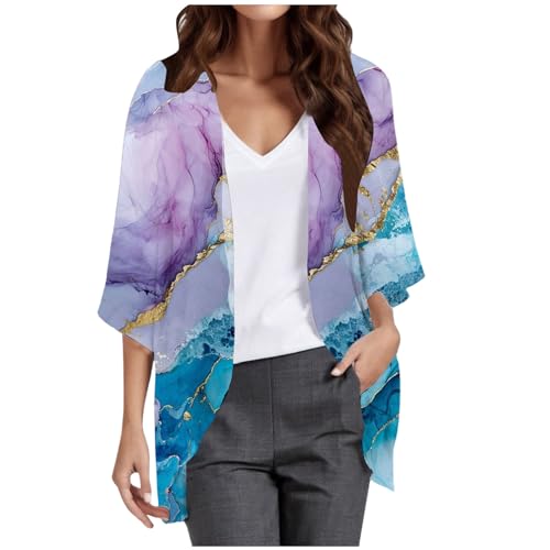 Generisch Arcobaleno, maglione da donna, in chiffon, con stampa floreale, maniche a sbuffo, copertina larga, camicetta casual, Lilla, XXL