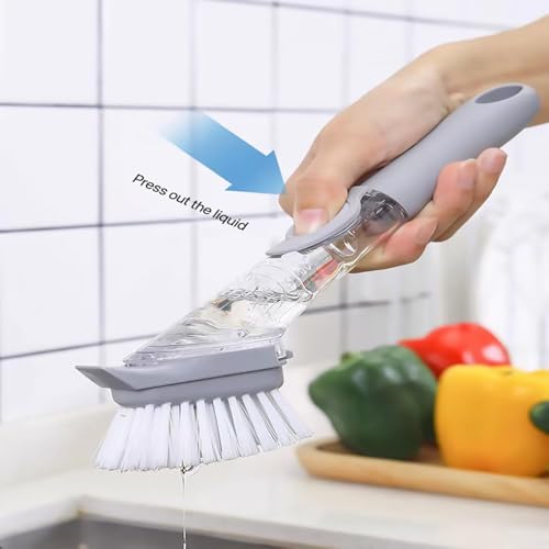 Image of UCRAVO Dish Cleaning Brush Washing Up with Detergent Dispenser Non-Stick Oil Kitchen Cleaning Brush, Long Handle Dishwashing Automatic Sponge Cleaner Multifunctional Household Cleaning Tools