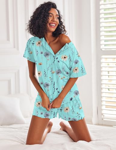 Image of Ekouaer Pajamas Set for Women Short Sleeve Lounge Set 2 Piece Loungewear PJs Soft Cute Lightweight Sleepwear