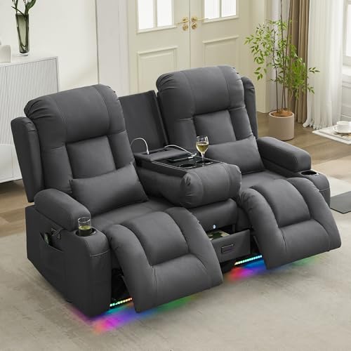 Image of URRED Power Loveseat Recliner Sofa with Massage and Heat, Wall Hugger Reclining Loveseat with Console, RV Couch Home Theater Seating with LED Lights for Living Room (Grey, 67 inch - 2 Seats)