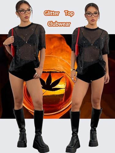 OYOANGLE Women's Sparkle Glitter Sheer See Through Top Short Sleeve Loose Casual Shiny Tshirt Mesh Shirt Blouse4