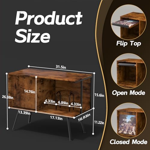 Image of Faesun Flip Top Record Player Stand, Large Turntable Stand Holds up to 150+ Albums, Vintage Mid Century Record Player Table, Stereo Cabinet with Open Storage, for Living Room, Bedroom, Rustic Brown