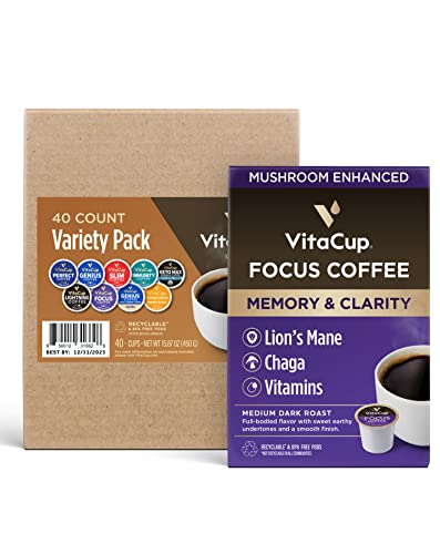 VitaCup Coffee Pod Variety Sampler Pack 40ct + Focus Mushroom
