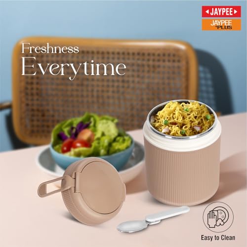 Image of JAYPEE SoloMeal PUF Insulated Inner Stainless Steel Food Jar with Foldable Spoon|Hot /Cold Meal Jar for Kids|Office Women |Men|Food Storage Traveling Box Light Weight |Scratch Resistant|500 ml, Brown