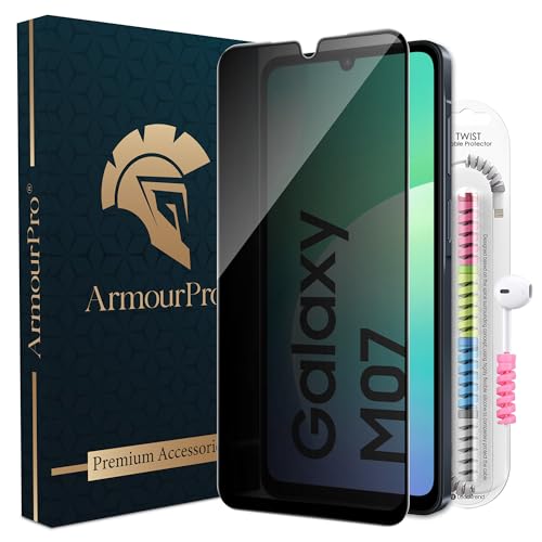 Image of ArmourPro Privacy Tempered Glass for Samsung Galaxy M07 - Anti Spy Anti Peeping Screen Protector, Edge-to-Edge Full Coverage, 9H Hardness with Cable Protector | Black
