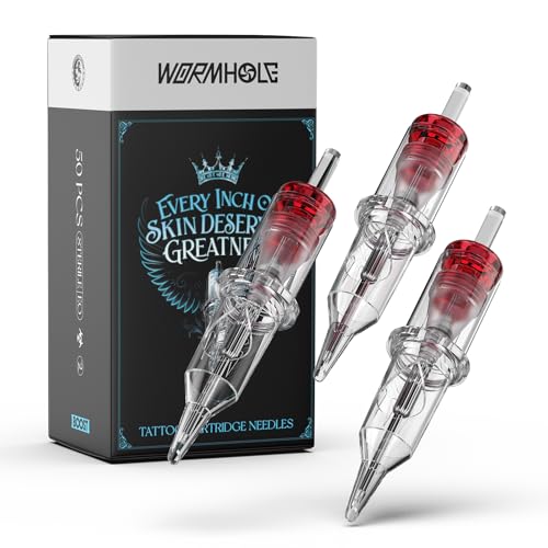 Image of Wormhole Tattoo Cartridge Needles 50PCS Disposable # 12 Round Liner Tattoo Needle Cartridges Mixed 3RL 5RL 7RL 9RL 11RL with Standard Rotary Tattoo Machine for Ultra-Fine Line and Tattoo Detailing