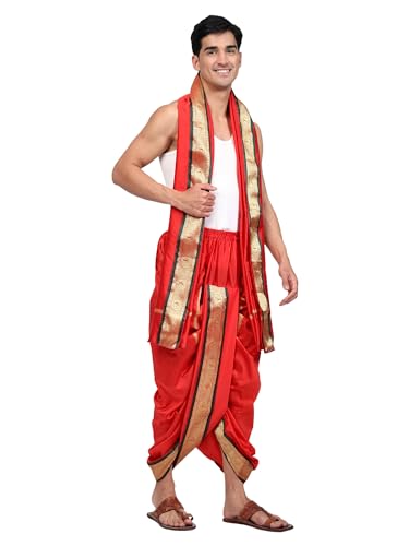 Image of Rameshwaram Fabrics Readymade Dhoti for Men, Velcro Style Stitched Mens Silk Dhoti Pant with Stole Set