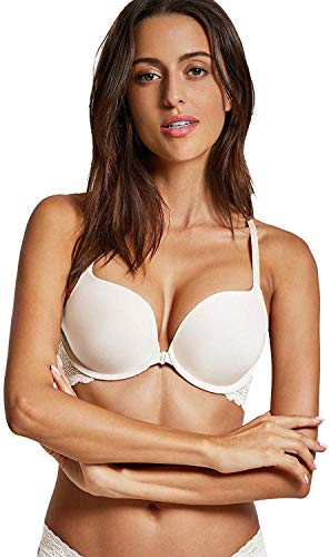 Image of DOBREVA Women's Push Up Bra Racerback Front Closure Bras Plunge Underwire Tshirt Padded Lace