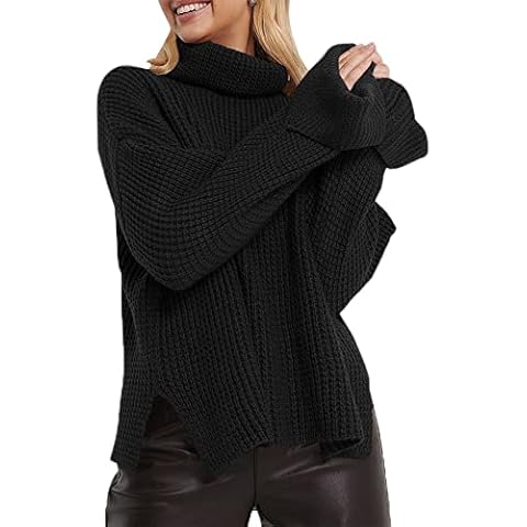 ZAFUL Suéter de otoño de cuello alto para mujer, manga larga de murciélago, Negro, S Cover