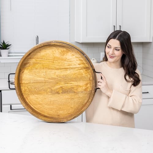 24" Extra Large Round Ottoman Tray, Heavy Duty Mango Wood, for Serving Tea, Breakfast in Bed, Living Room Large Coffee Table Tray Rustic with Farmhouse Style, Decorative Handles and Accent Strap by A Sight Beyond - Used condition - Image 7