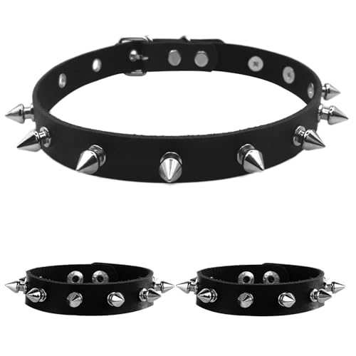 Tosmifairy 3 Pieces Leather Choker Collar and Bracelets Combo Punk Rock Gothic Jewelry Set Emo Costume Accessories for 80s 90s Vintage Womens Men (Black-Spike Rivets)