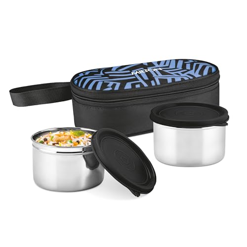 Image of MILTON Plato Pack Big Stainless Steel Lunch Box (2 X 500 ml containers) with Jacket | Leak Proof, Food Grade I Lightweight, Odour Proof | 1 Year Warranty I Ideal for Office, School, Travel, Black