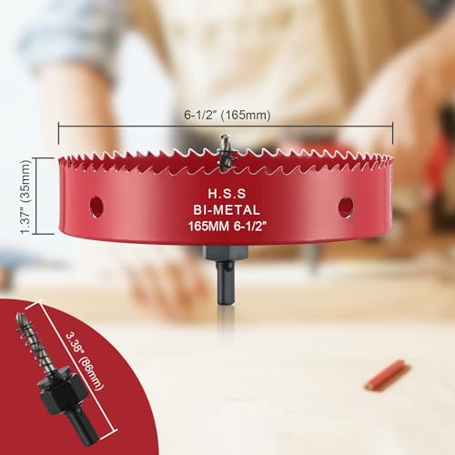 Image of 6-1 /2 Inch Hole Saw for Wood, 165mm HSS BI-Metal Hole Saw for Recessed Lighting, 35mm Cutting Depth Hole Cutter with Hex Shank Drill Bit Adapter for Cornhole Boards Plastic Drywall Fiberboard, Red