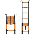 QINNIE Heavy Duty Telescoping Ladder 8m/ 7m/ 6m/ 5m/ 4m/ 3.5m/ 2.7m, Black Aluminum Folding Telescopic Extension Ladders with Hooks for Rooftop RV Loft Home Outdoor, Load 330lbs