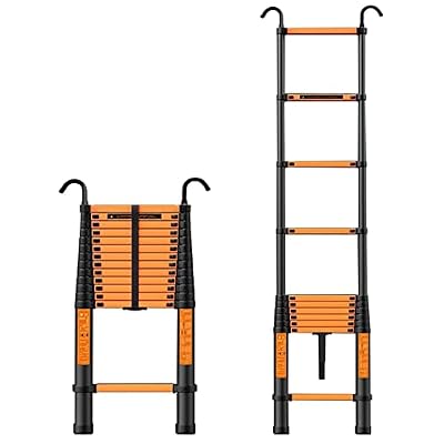 QINNIE Heavy Duty Telescoping Ladder 8m/ 7m/ 6m/ 5m/ 4m/ 3.5m/ 2.7m, Black Aluminum Folding Telescopic Extension Ladders with Hooks for Rooftop RV Loft Home Outdoor, Load 330lbs