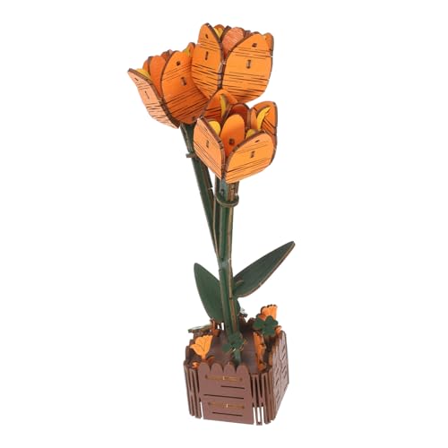 Uonlytech Kit de Création de Bouquet en Bois Puzzle de Tulipes Artificielles à Assembler Soi-même Modèle de Pot de Fleurs pour Loisirs Créatifs