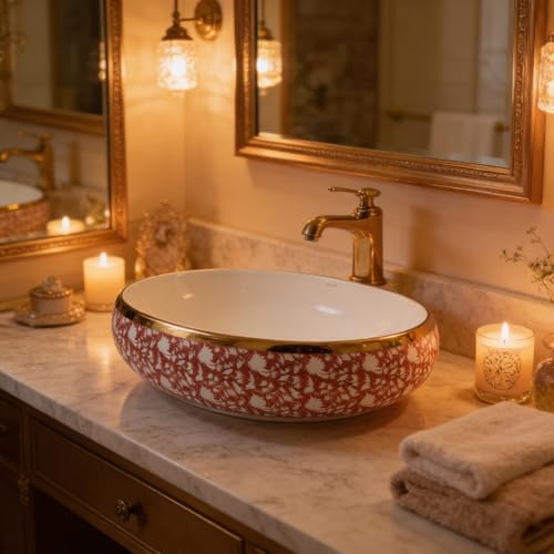 Image of Wallace Designer Oval Table Top Wash Basin 60x40x15 cm | Red & White Floral Pattern with Gold Rim | Premium Ceramic Countertop Vessel Sink | Luxury Above Counter Bathroom Basin