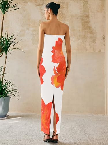 Image of PRETTYGARDEN Women Summer Strapless Maxi Dress Bodycon Floral Sexy Long Wedding Guest Dress Formal Tube Mesh Cocktail Dresses