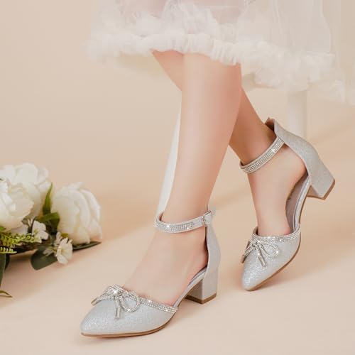 Image of LAURMOSA Girls Sandals Closed Toe High Heels Pointed Toe Ankle Strap Pumps Flower Girl Dressy Shoes in Wedding Party Cute Bowknot Chunky Block Heeled for Little Big Kids