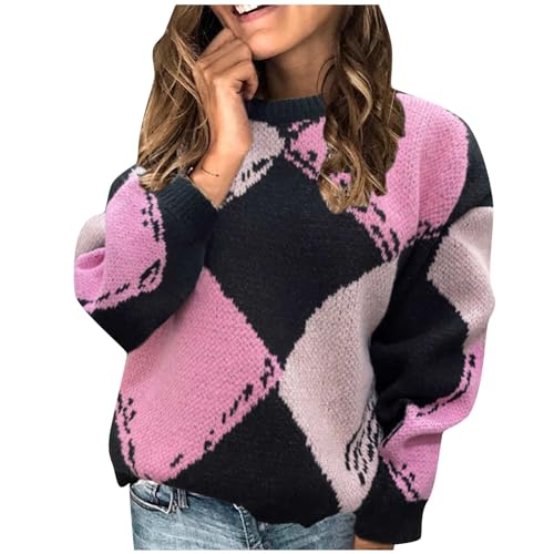 Womens Color Block Sweaters Crewneck Long Sleeve Pullover Knitted Comfy Soft Fashion Teen Girl Outdoor Jumper Tops