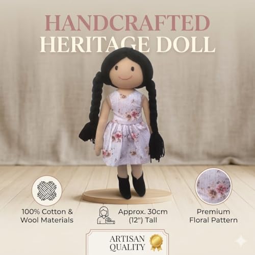 Image of Floral Girl Handcrafted Indian Rag Doll, Soft Cotton Fabric & Yarn Hair South Indian Cloth Doll, Handmade Fabric Doll for Kids, Decor & Gift