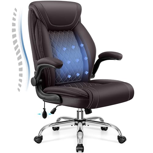Image of Big and Tall Office Chair, Ergonomic Comfy Desk Chair with Lumbar Support | Executive Leather Computer Chair with Flip Up Arms & Rocking Function, Home Office Gaming Swivel Chair for Back Pain Relief